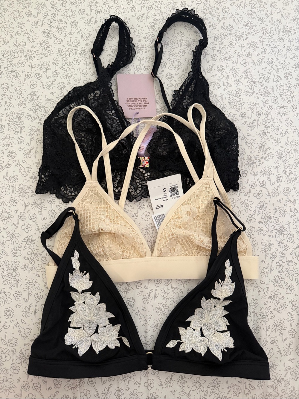 Black and Cream Lace & Embroidered Bralettes - Women's Intimates